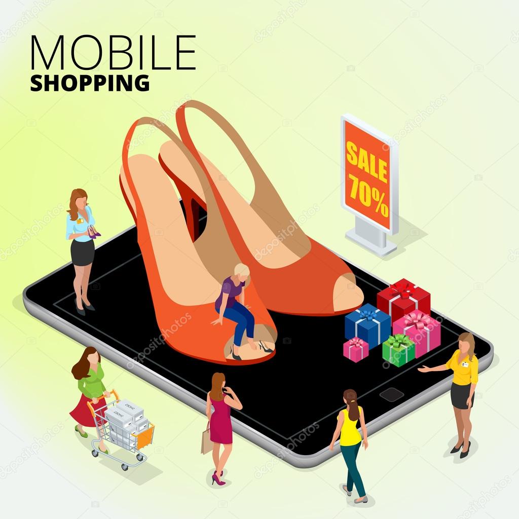 Fashion boutique shop online, Woman using digital tablet to shop online, women shopping for shoes in a shoes store, Flat 3d vector isometric illustration