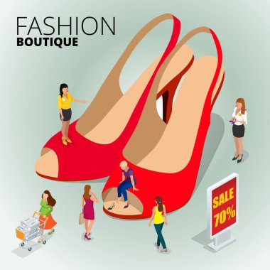 Fashion boutique shop, variety of the colorful leather shoes in the shop, woman using digital tablet to shop online, women shopping for shoes in a shoes store. Flat 3d vector isometric illustration