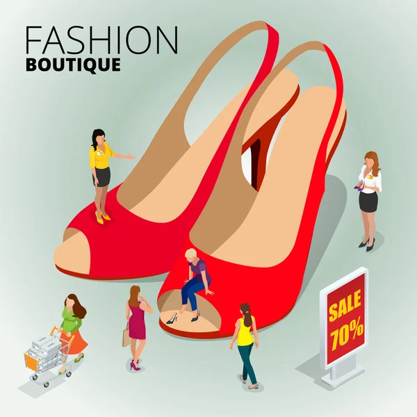 Fashion boutique shop, variety of the colorful leather shoes in the shop, woman using digital tablet to shop online, women shopping for shoes in a shoes store. Flat 3d vector isometric illustration — Stock vektor