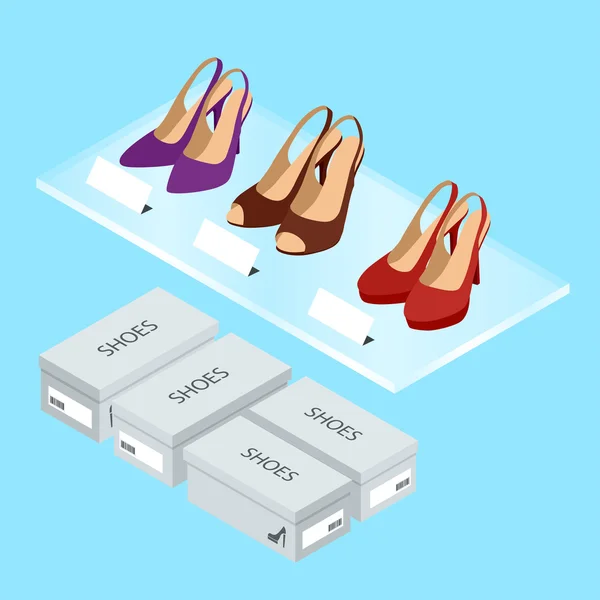 Zapatos y cajas para mujer de colores. Zapatos de mujer con tacones. Ilustración isométrica vectorial para infografías. Tienda de zapatos — Vector de stock