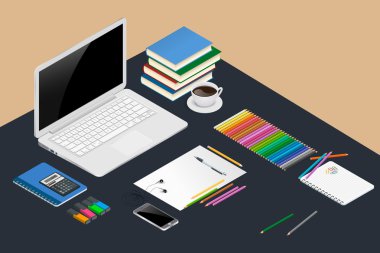 Office workspace design concept with open laptop notebook, books, spiral notepad, line of colored pencils, smartphone and calculator. Set of flat design concept. Flat 3d Vector isometric illustration