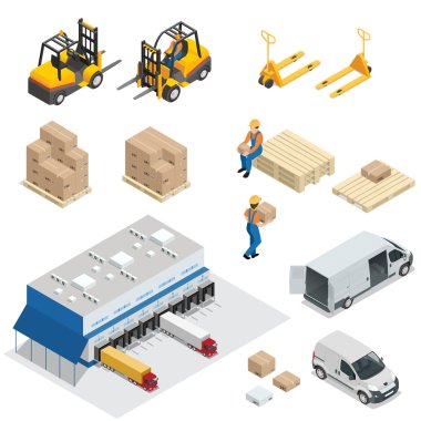 Set of Warehouse equipment. Shipping and delivery flat elements. Workers boxes forklifts and cargo transport. Transport system delivery process. Flat 3d Vector isometric illustration