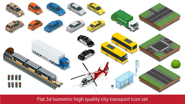 Isometric high quality city transport icon set Subway train, Police, taxi truck car Mini, sedan helicopter, street road, tram, sedan, Building mixer, ambulance. Flat 3d Vector isometric illustration