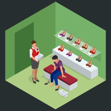 Woman at shoe store. Young woman choosing shoes in a shoe store. Shoes stand high heels. Isometric vector illustration for infographics. Shoe store