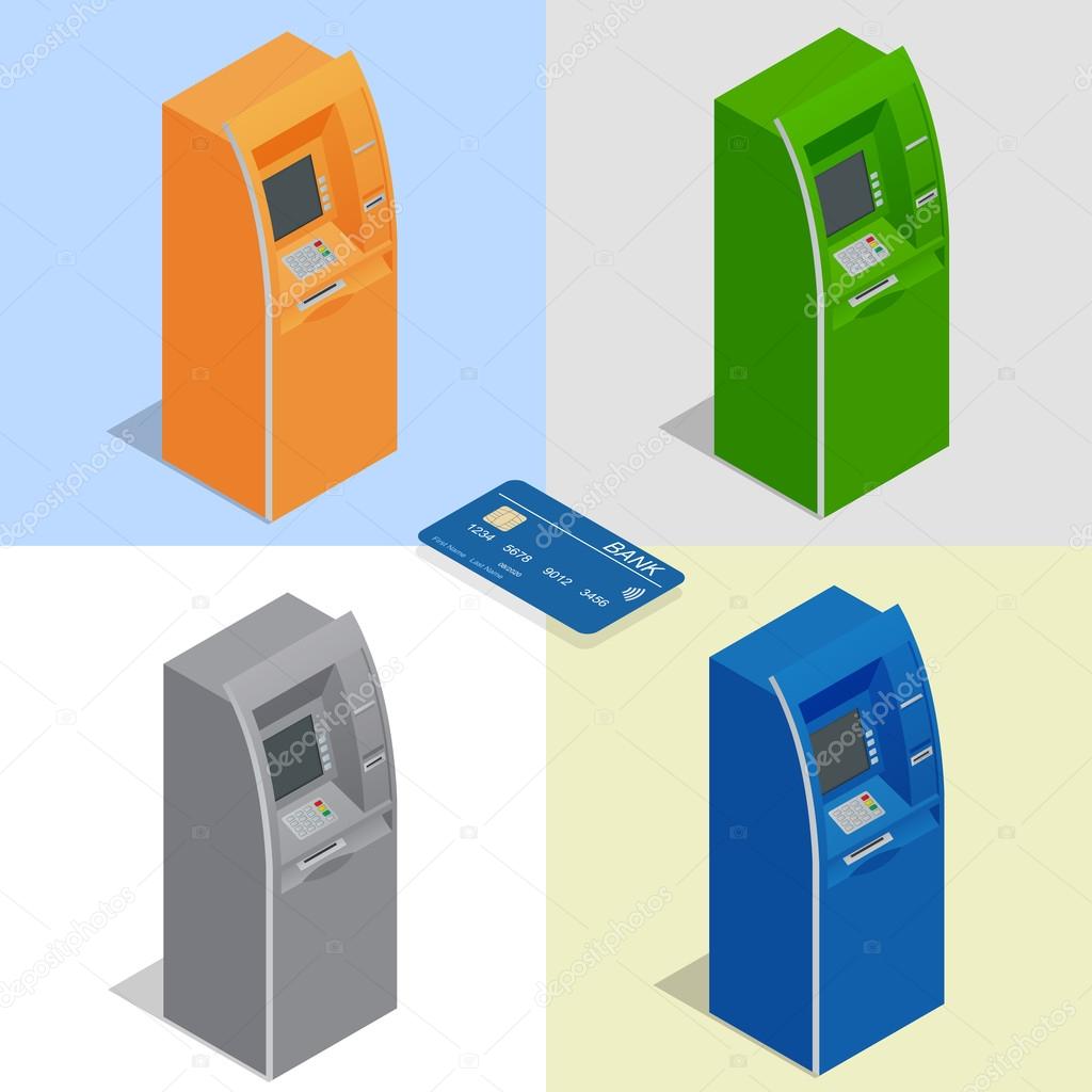 ATM machines. Payment using credit card. Banking finance money. Isometric vector illustration for infographics. Flat icon set.