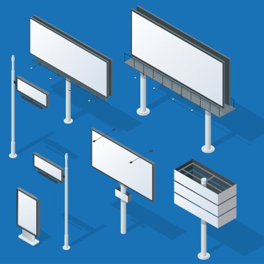 Reklam panoları, reklam panoları, şehir ışık billboard reklam. 3D izometrik vektör çizim Infographic için düz.
