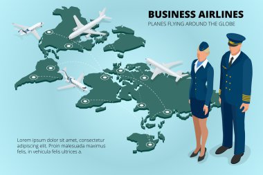 Business airlines, Planes flying around the globe. Flat 3d isometric vector illustration