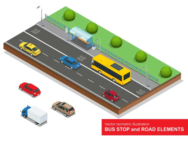 Bushaltestelle. Set aus isometrischem Bus, Limousine, Taxi, Fracht, Mini- und Bushaltestelle. — Stockvektor