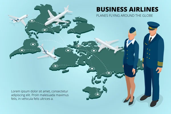 Companhias aéreas de negócios, aviões voando ao redor do globo. Ilustração plana do vetor isométrico 3d —  Vetores de Stock