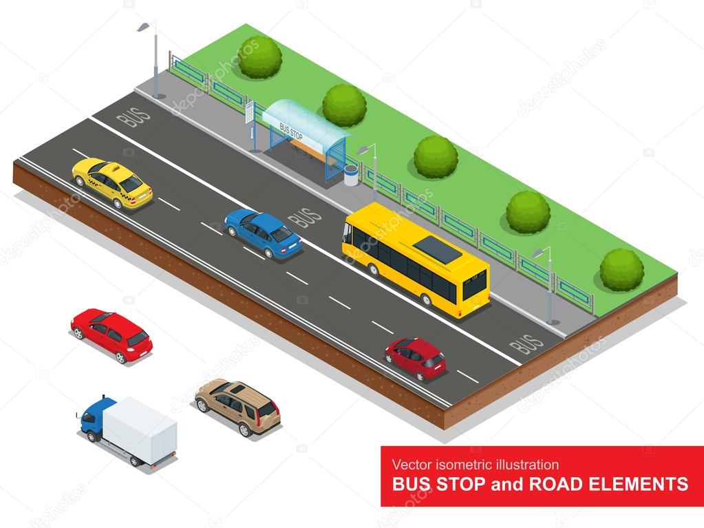 Bus stop. Set of the isometric bus, sedan, taxi, cargo, mini and bus stop.