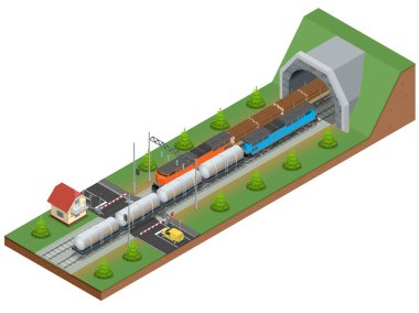 Vector isometric illustration of a railway junction. Railway junction consist of Rail covered wagon, Diesel Locomotive, railway tunnel, Railway crossing, and Railway tank for fuel.