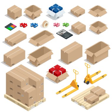 Cardboard Boxes, Set opened or closed, sealed with tape big or small format. Flat 3d style vector illustration isolated on white background.