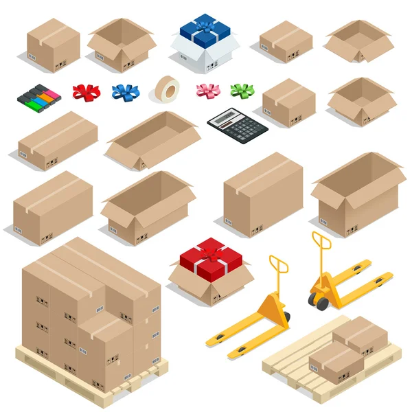 Cardboard Boxes, Set opened or closed, sealed with tape big or small format. Flat 3d style vector illustration isolated on white background. — Stockový vektor