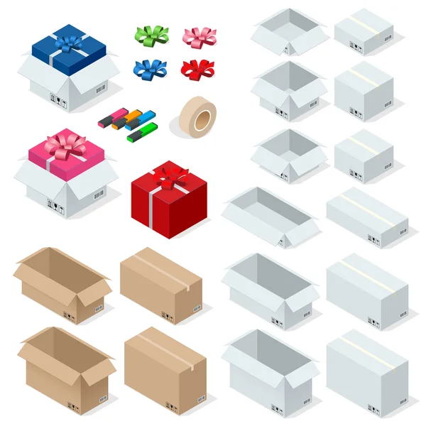 Caixas de papelão, Conjunto aberto ou fechado, selado com fita grande ou formato pequeno. Ilustração vetorial de estilo 3D plana isolada em fundo branco . —  Vetores de Stock