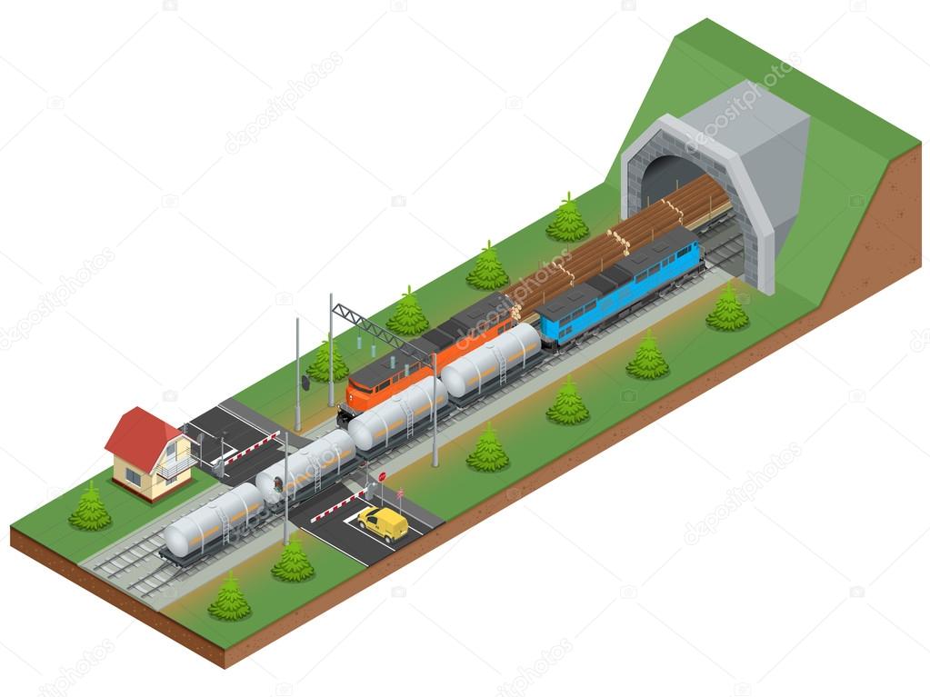 Vector isometric illustration of a railway junction. Railway junction consist of Rail covered wagon, Diesel Locomotive, railway tunnel, Railway crossing, and Railway tank for fuel.