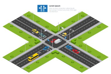 Crossroads and road markings isometric vector illustration for infographics. Transport car, urban and asphalt, traffic. Crossing Roads. clipart