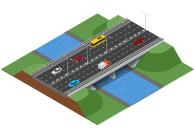 Isometric bridge over the river. Commercial transport. Various types of load and cargo. Logistics. Flat 3d Vector isometric illustration of bridge
