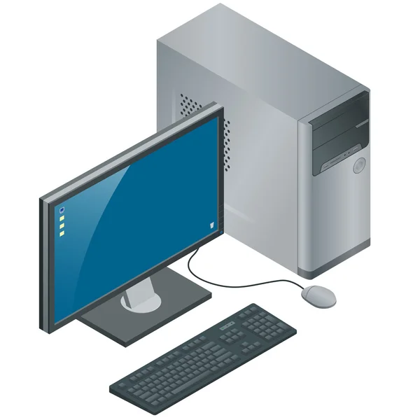 Кнопка с монитором, клавиатурой и мышкой, изолированная на белом фоне, PC, плоская трехмерная векторная изометрическая иллюстрация. Компьютерные технологии — стоковый вектор