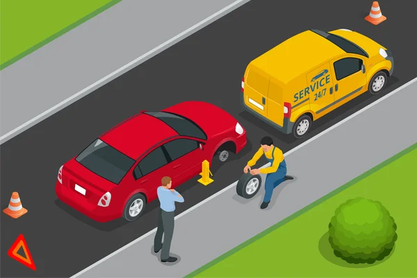 Roadside assistance car. Man changing wheel on a roadside. Auto service. Protection of car. Insurance accident car on road. Vector 3d flat isometric illustration — Stok Vektör