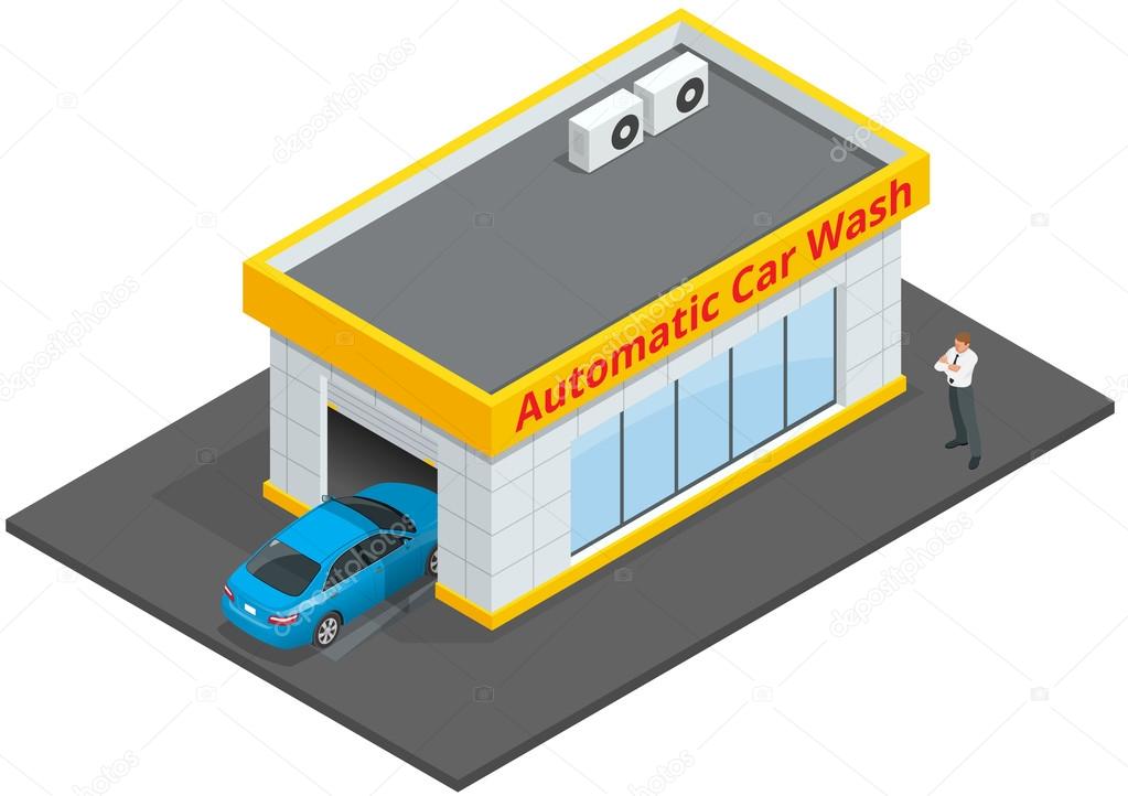 Car wash full automatic 24h service facilities with touchless equipment. Automatic Car Wash. Flat 3d vector isometric illustration. Business concept of car wash, best clean, non stop, auto service