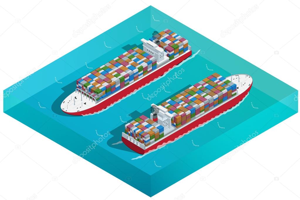 Container ship, Tanker or Cargo ship with containers icon. Flat 3d isometric high quality transport. Vehicles designed to carry large numbers of cargo