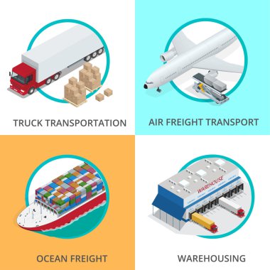 Global lojistik ağ düz 3d izometrik vektör çizim demiryolu ulaşım deniz nakliye zamanında teslimat araçlar çok sayıda Çin kargo taşımak üzere tasarlanmış kamyon taşımacılığı hava kargo kümesi