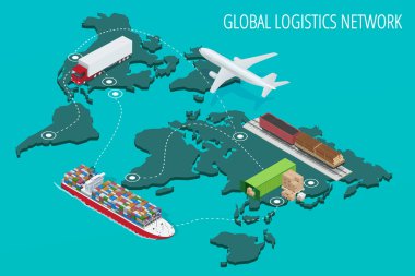 Global logistics network Flat 3d isometric vector illustration Set of air cargo trucking rail transportation maritime shipping On-time delivery Vehicles designed to carry large numbers of China cargo clipart