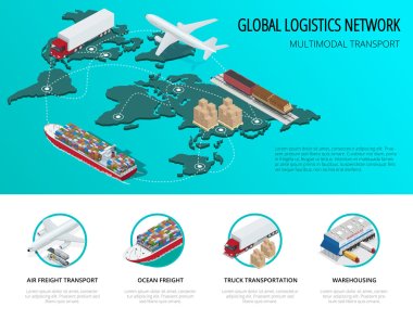 Global lojistik ağ düz 3d izometrik vektör çizim demiryolu ulaşım deniz nakliye zamanında teslimat araçlar çok sayıda Çin kargo taşımak üzere tasarlanmış kamyon taşımacılığı hava kargo kümesi