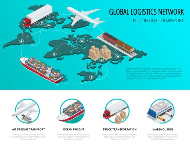 Global lojistik ağ düz 3d izometrik vektör çizim demiryolu ulaşım deniz nakliye zamanında teslimat araçlar çok sayıda Çin kargo taşımak üzere tasarlanmış kamyon taşımacılığı hava kargo kümesi