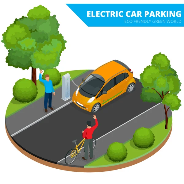 Isométrico Aparcamiento eléctrico, coche electrónico. Concepto ecológico. Eco amigable mundo verde. Ilustración isométrica plana 3d vector — Archivo Imágenes Vectoriales