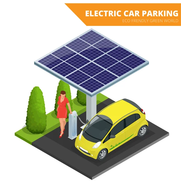 Parcheggio auto elettrico isometrico, auto elettronica. Il concetto ecologico. Eco friendly mondo verde. Illustrazione isometrica piatta del vettore 3d — Vettoriale Stock