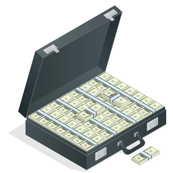 Case full of money on white background. Lot of money in a suitcase. Flat 3d vector isometric illustration — Stockvector