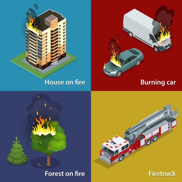 Casa en llamas, coche en llamas, bosque en llamas, camión de bomberos. Represión de incendios y asistencia a víctimas. Ilustración isométrica vectorial para infografías — Vector de stock