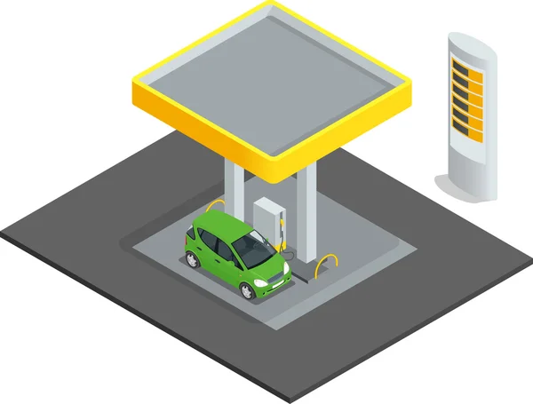 Small gas station. Gas petroleum petrol refill station cars. Flat 3d web isometric infographic concept vector. Refilling cleaning shopping service — Διανυσματικό Αρχείο