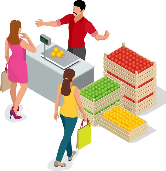 Hermosa mujer comprando frutas frescas. vendedor de frutas en un mercado de agricultores. Stand para la venta de fruta. Jaula de manzanas, peras. Ilustración plana de vectores isométricos 3d para infografía — Archivo Imágenes Vectoriales