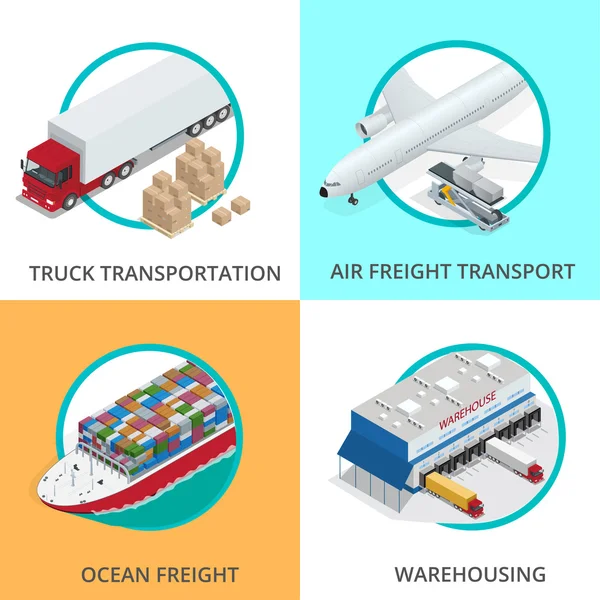 Global logistics network Flat 3d isometric vector illustration Set of air cargo trucking rail transportation maritime shipping On-time delivery Vehicles designed to carry large numbers of China cargo — Stock Vector