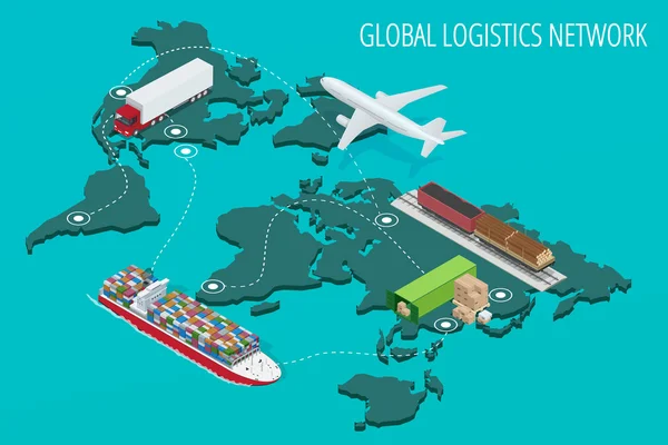 Globalt logistiknätverk platt 3d isometrisk vektorillustration uppsättning flygfrakt lastbilstransporter järnvägstransporter maritima sjöfart i tid leveransfordon avsett för att transportera stora mängder Kina Last — Stock vektor