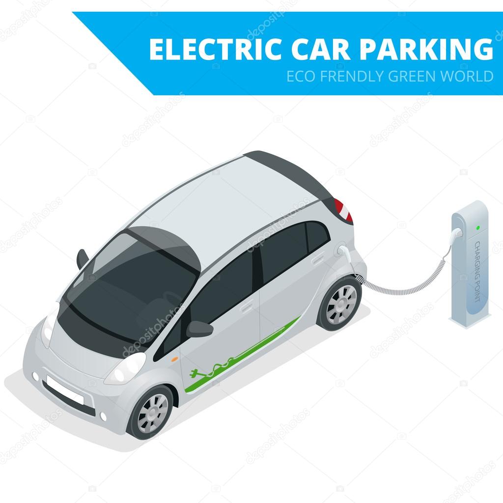 Isometric Electric car parking, electronic car. Ecological concept. Eco friendly green world. Flat 3d vector isometric illustration