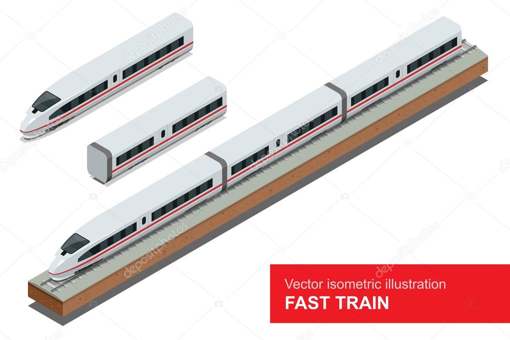 Modern high speed train. Vector isometric illustration of a Fast Train. Vehicles designed to carry large numbers of passengers. Isolated flat 3d vector isometric of modern high speed train