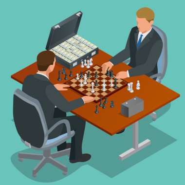 Chess players. Two man sitting and playing chess. Chess strategy. Flat 3d vector isometric illustration. Two businessmen thinking of move while playing chess.