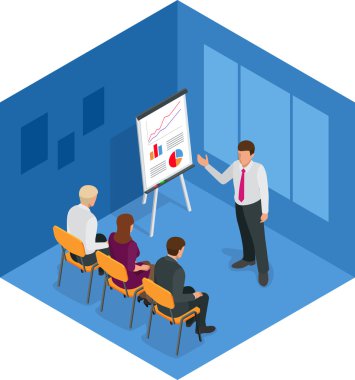 Training concept, business man. Flat design illustration for business, consulting, finance, management, career meeting partnership planning conference coaching. Flat 3d vector isometric illustration