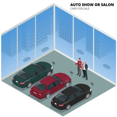 Commercially colorful cars stand in car shop. Cars for sale. Auto business, car sale and people concept. Auto show or salon. Vector 3d flat isometric illustration