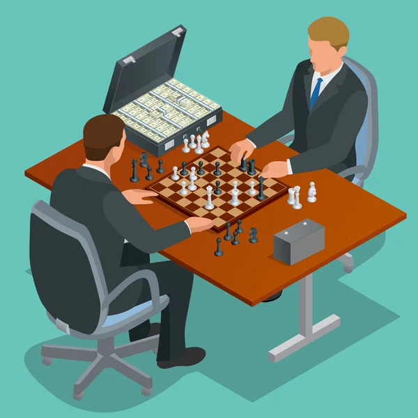 Jugadores de ajedrez. Dos hombres sentados y jugando ajedrez. Estrategia de ajedrez. Ilustración isométrica vectorial plana 3d. Dos hombres de negocios pensando en moverse mientras juegan al ajedrez . — Vector de stock