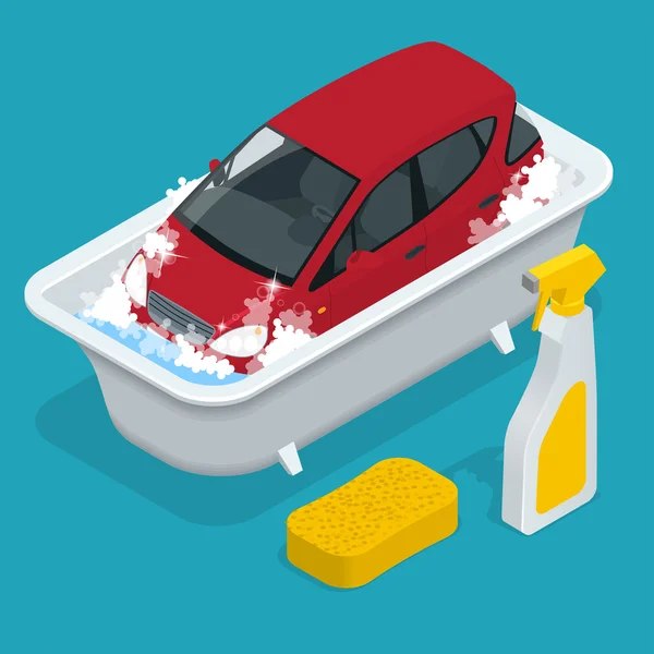 Lavage de voiture. service de lavage de voiture. Voiture avec lavage de voiture signe. Illustration vectorielle isométrique 3D plate . — Image vectorielle