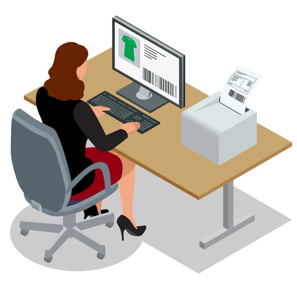 Business woman looking at the laptop screen. Business woman at work. Woman working at the computer. Order from China. Flat 3d vector isometric illustration — Stock Vector