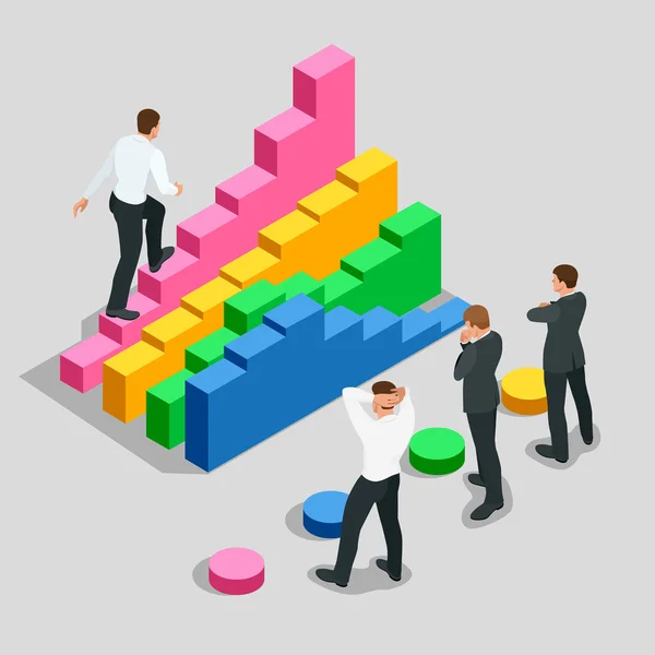 Concept of success and determination in business. Businessman in black suit climbing the stairs of success. Flat 3d vector isometric illustration — Stock Vector