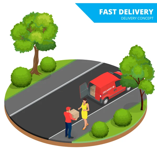 Free delivery, Fast delivery, Home delivery, Free shipping, 24 hour delivery, Delivery Concept, Express Delivery, delivery man. Flat 3d vector isometric illustration — Stock Vector