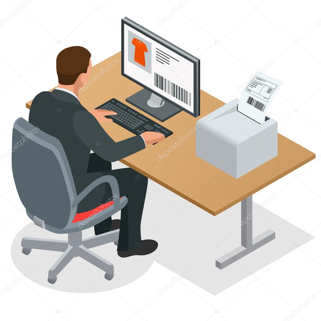 Businessman looking at the laptop screen. Businessman at work. Man working at the computer. Order from China. Flat 3d vector isometric illustration