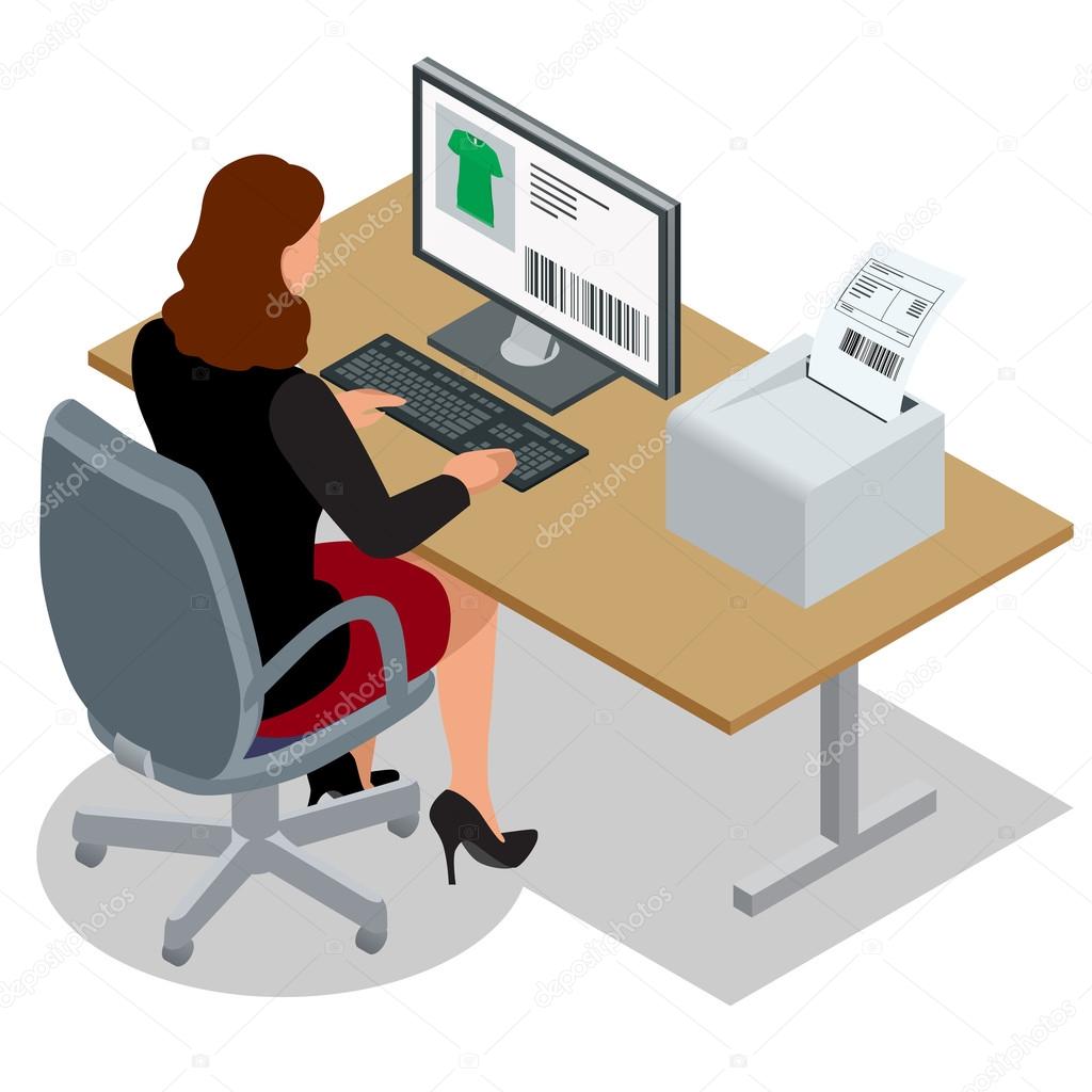 Business woman looking at the laptop screen. Business woman at work. Woman working at the computer. Order from China. Flat 3d vector isometric illustration