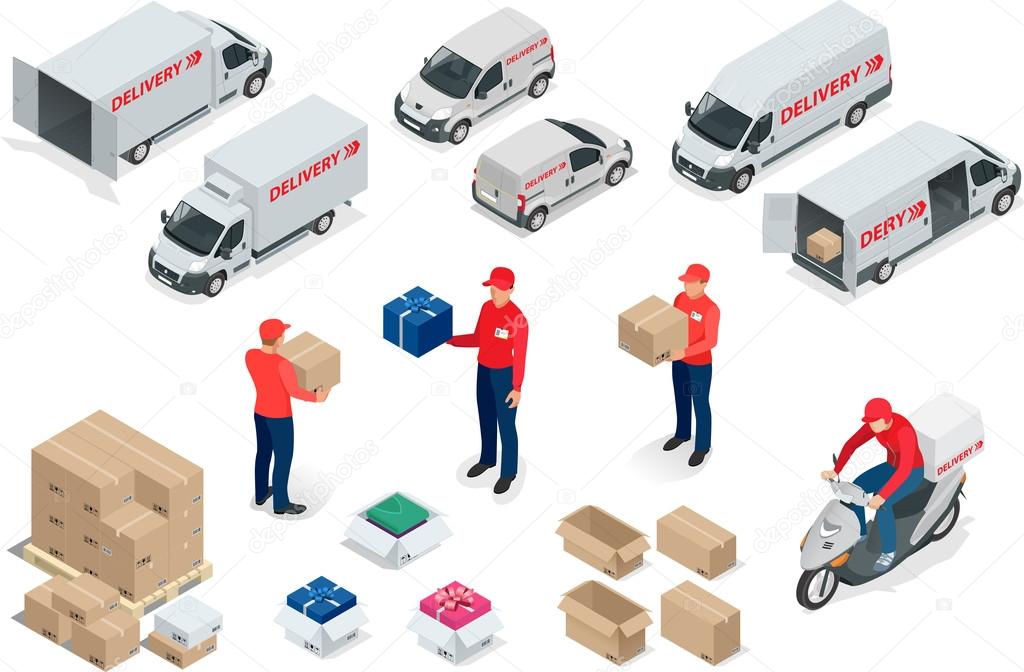 Free delivery, Fast delivery, Home delivery, Free shipping, 24 hour delivery, Delivery Concept, Express Delivery, delivery man. Flat 3d vector isometric illustration